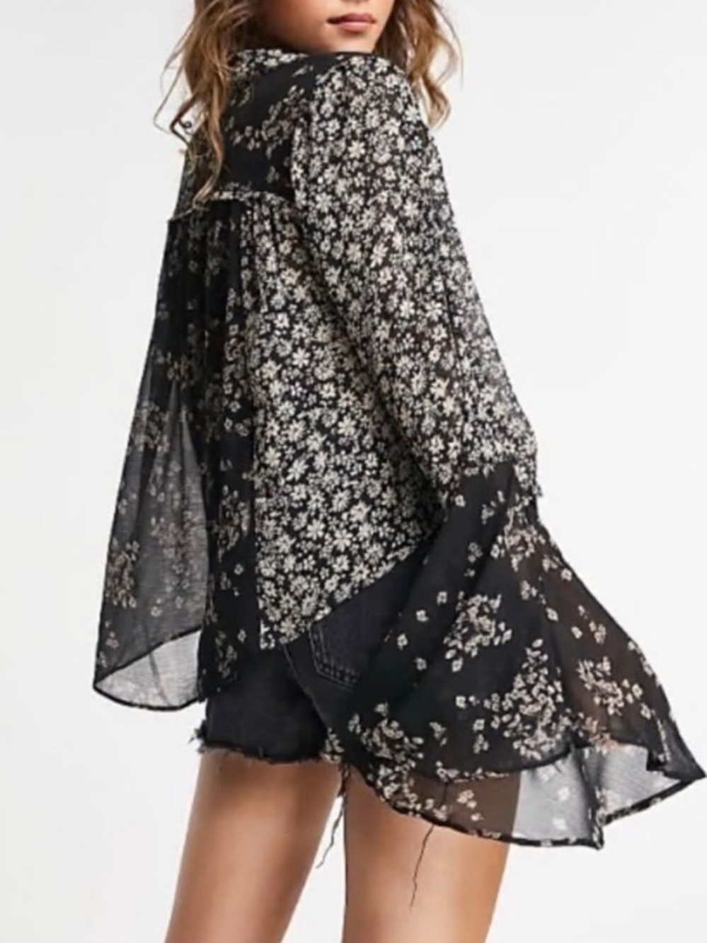 Free People Black Sheer Floral Bell-Sleeve Tunic